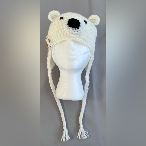 Zip Stitchery Polar Bear Hat Beanie Crochet White Black One Sz - Picture 2 of 10